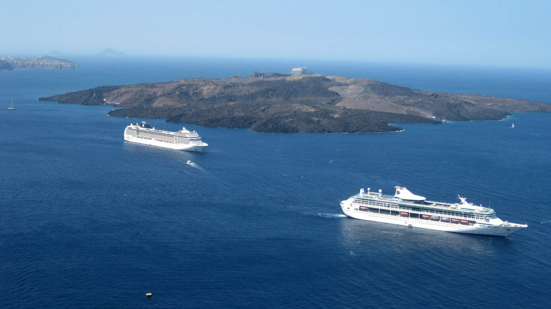 Cruise ships dock nearby Santorini, Greece, one of many ports in the Mediterranean Sea cruise guests visit each year. (U.S. Air Force photo/Staff Sgt. Lindsey Maurice)